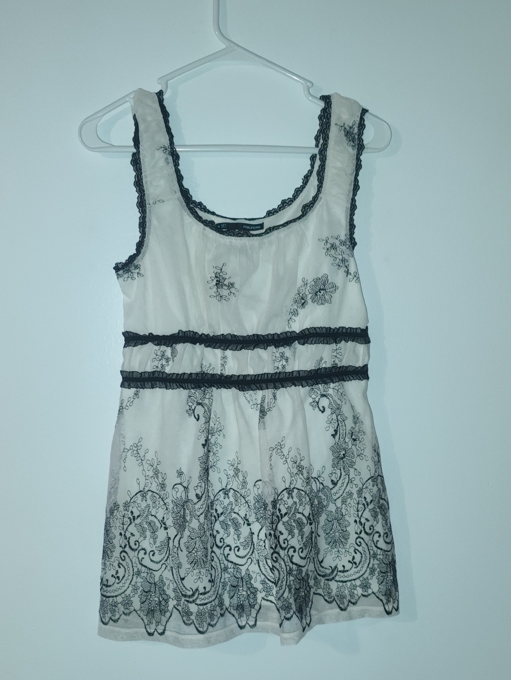 Maurices Cream Sleeveless Top with Black Lace Detail